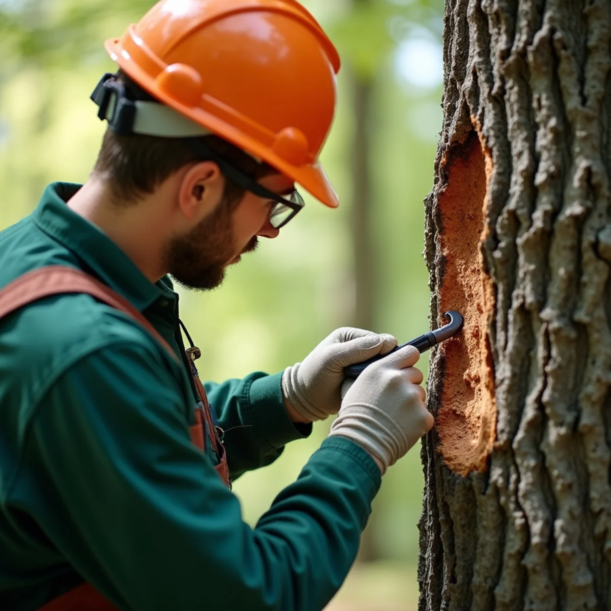 Arborist inspecting critical tree indicators for Fall Tree Care Checklist for Burke County Homeowners