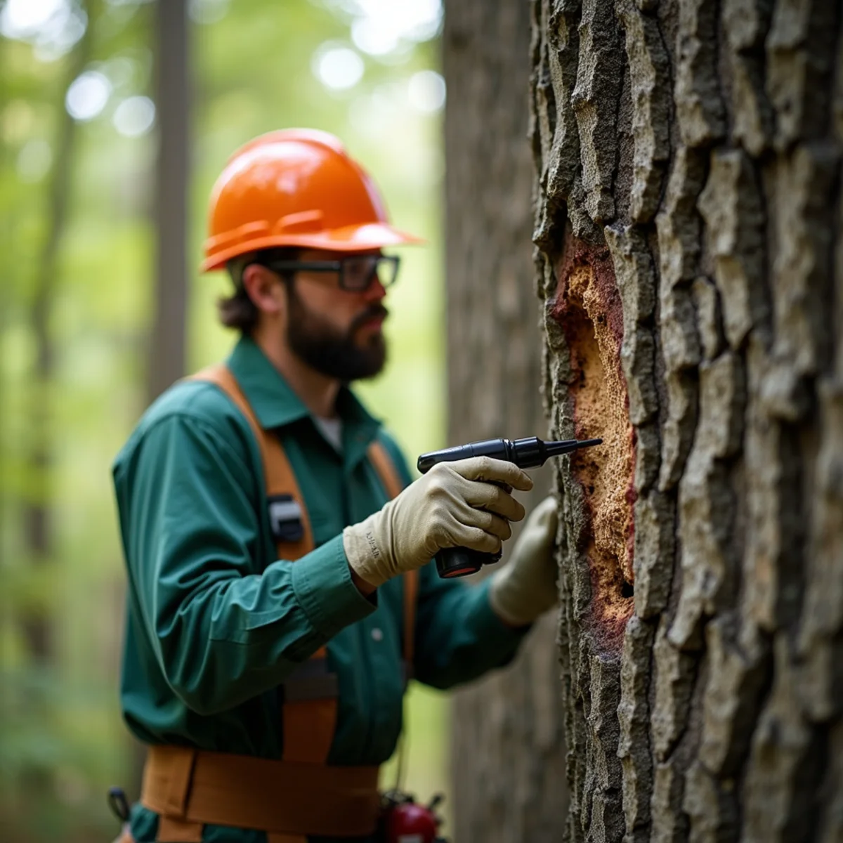 Arborist inspecting critical tree indicators for Helene Job Story: Rigging a Twisted Tree Off a Montreat Home