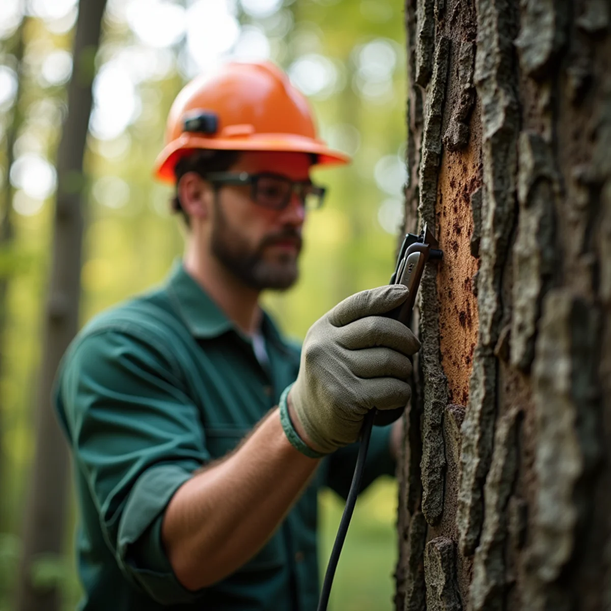 Arborist inspecting critical tree indicators for Keeping Limbs Off Your Roof and Gutters