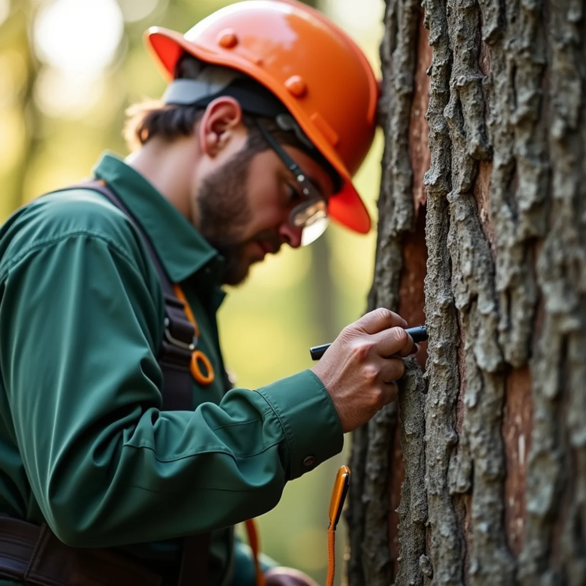 Arborist inspecting critical tree indicators for Mulching Trees the Right Way (No Mulch Volcanoes)