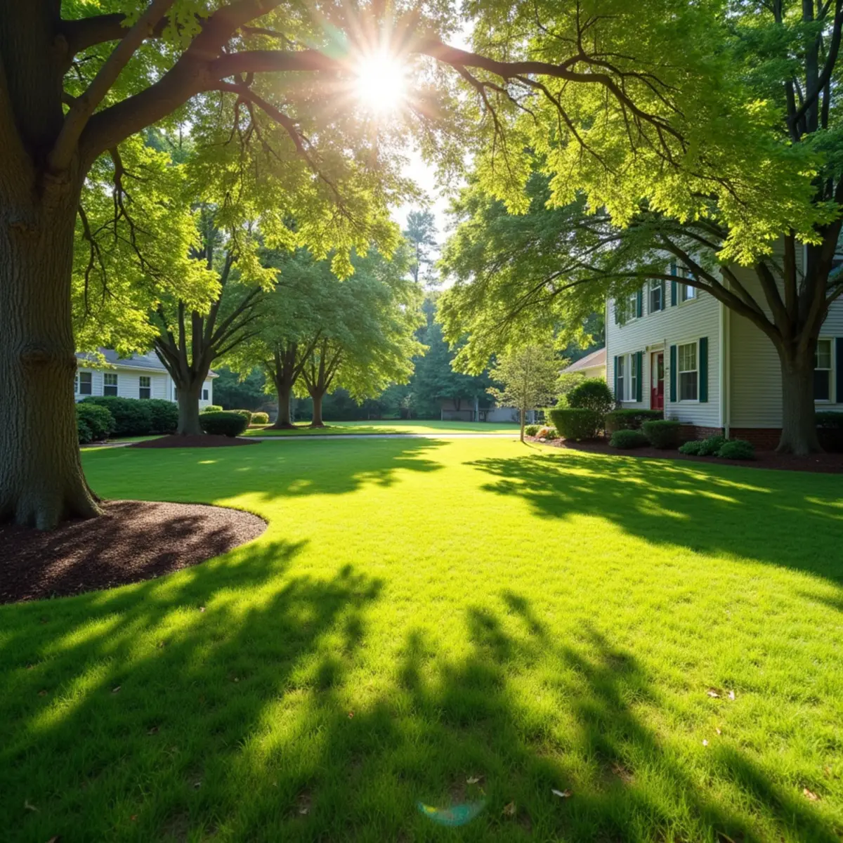 Pristine property condition and healthy trees following Mulching Trees the Right Way (No Mulch Volcanoes)