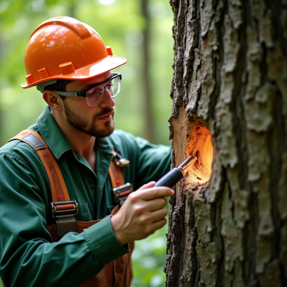 Arborist inspecting critical tree indicators for Protecting Tree Roots During Construction