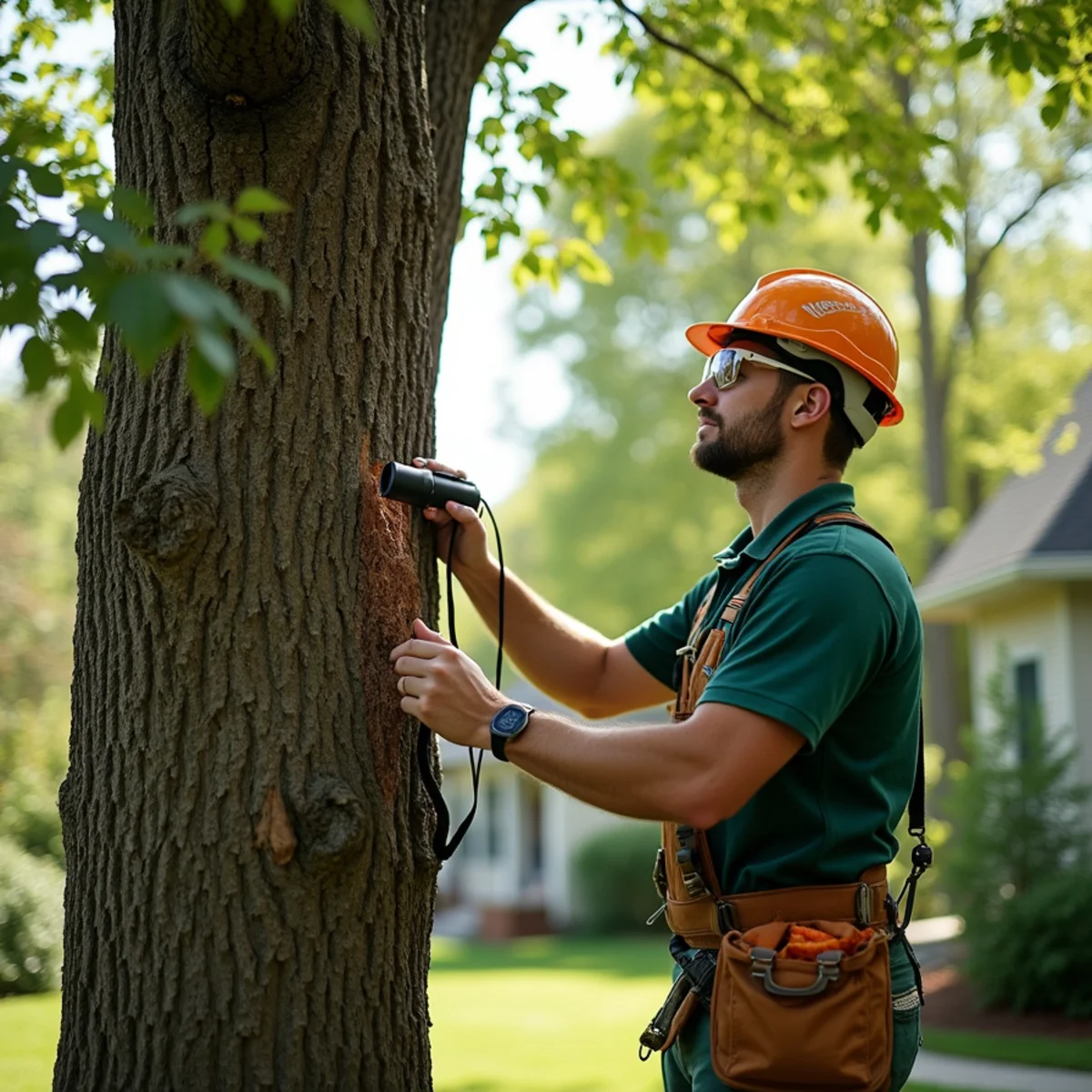 Arborist conducting structural diagnostic assessment for Leaning & Hung-Up Tree Removal in Morganton
