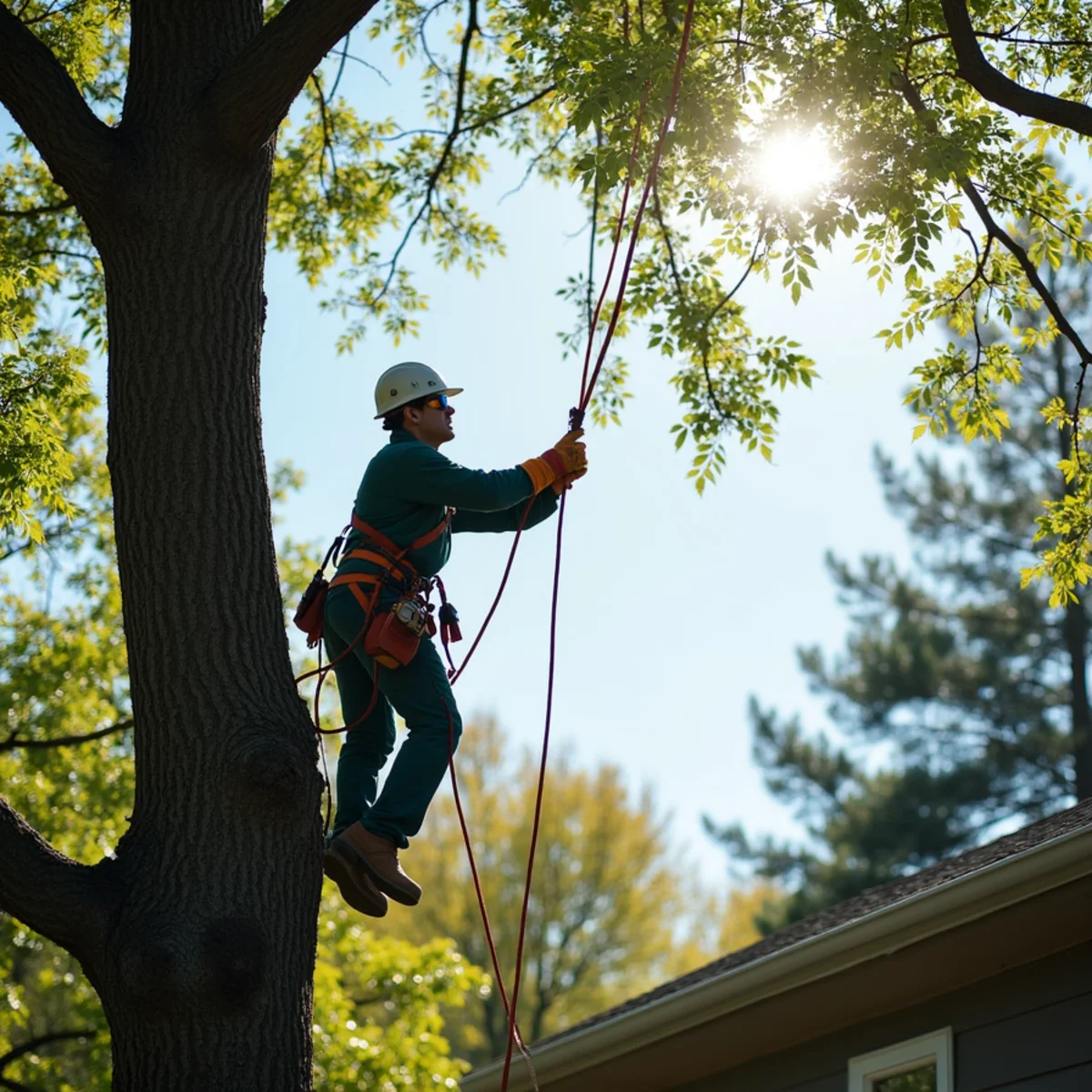 Precision technical rope rigging and lowering for Leaning & Hung-Up Tree Removal
