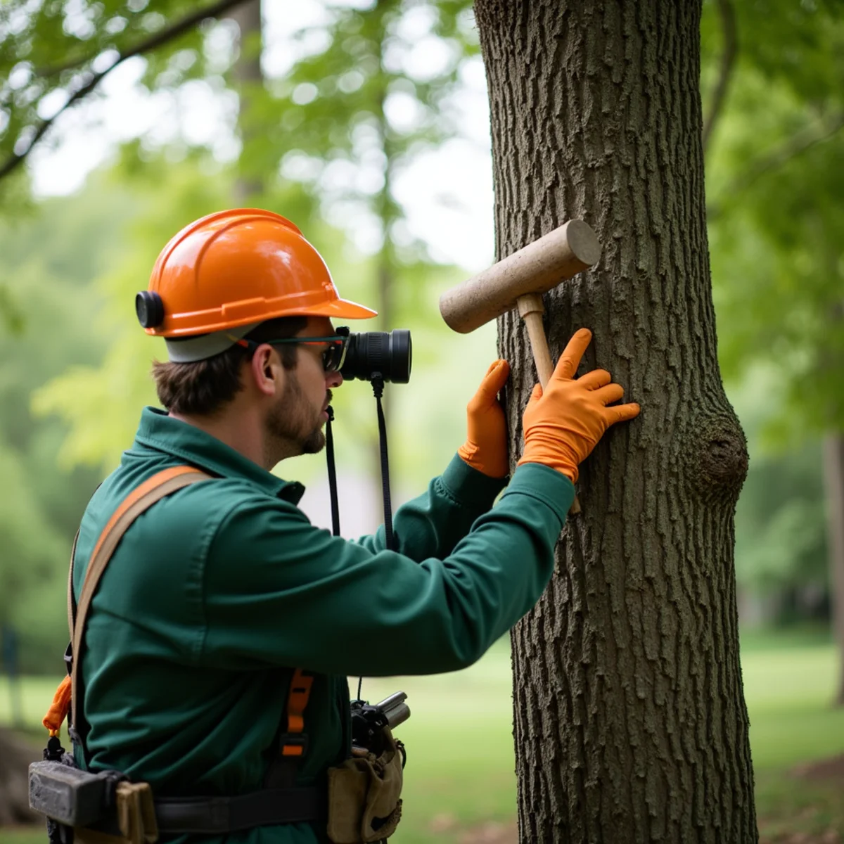 Arborist conducting structural diagnostic assessment for Storm Damage Tree Removal in Morganton