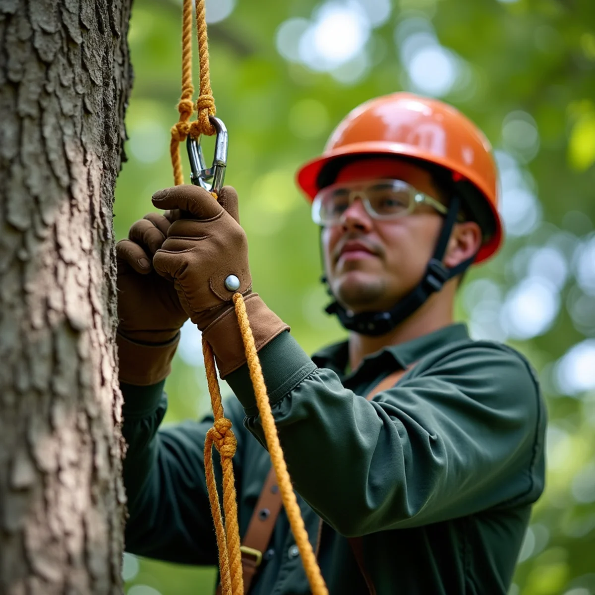 Arborist climber rigging heavy oak limb with precision lowering ropes in Burke County
