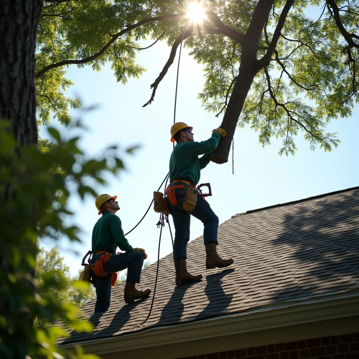 Emergency storm damage tree removal stabilizing fallen oak near residential roof