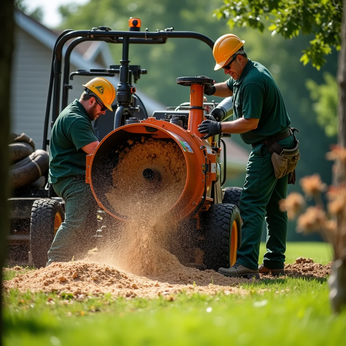 Commercial stump grinder eliminating tree stump below lawn grade in Morganton