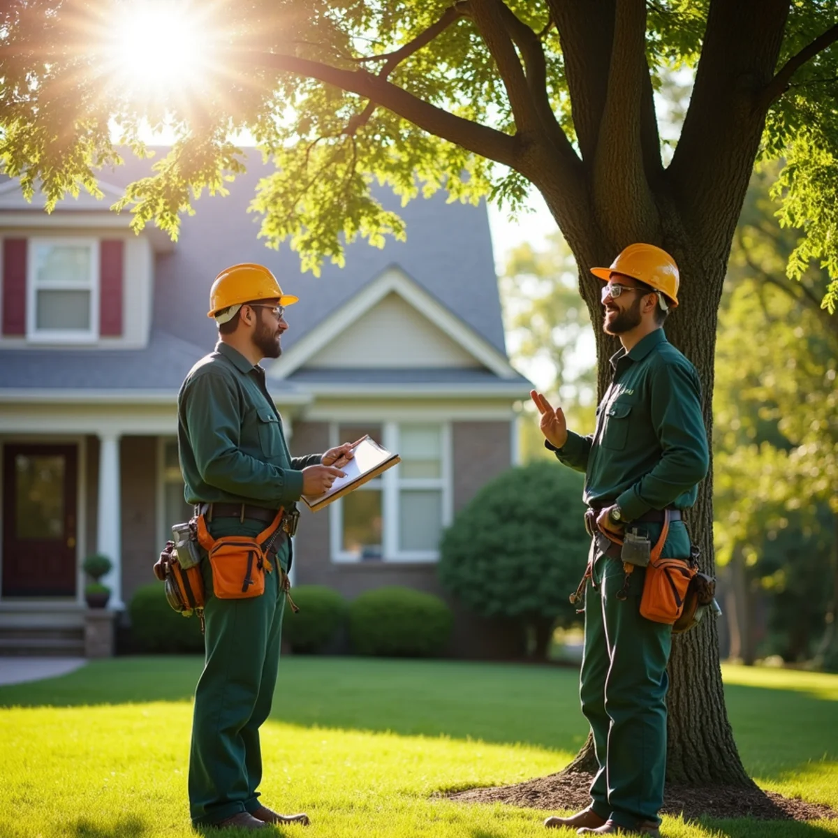 Satisfied homeowner and arborist reviewing completed tree work in Morganton, NC