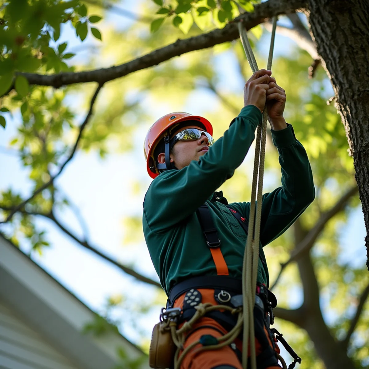 Climbing arborist performing precision rope rigging in Bessemer City, NC