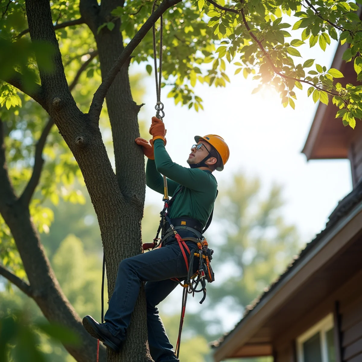 Climbing arborist performing precision rope rigging in Black Mountain, NC