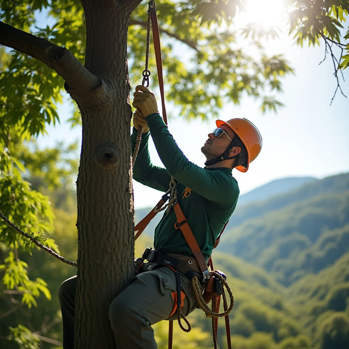 Climbing arborist performing precision rope rigging in Blowing Rock, NC