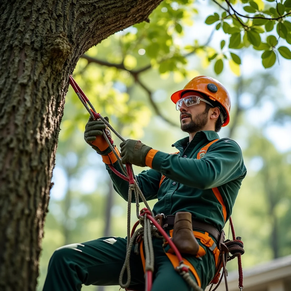 Climbing arborist performing precision rope rigging in Denver, NC