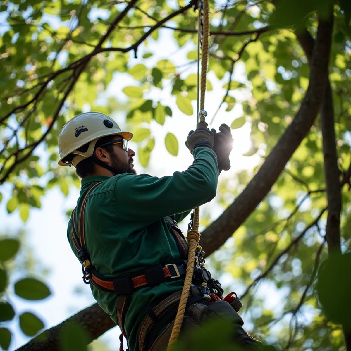 Climbing arborist performing precision rope rigging in East Flat Rock, NC