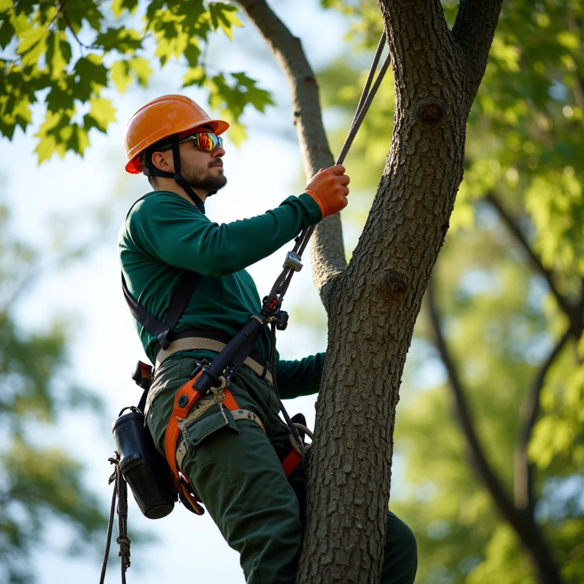 Climbing arborist performing precision rope rigging in Forest City, NC