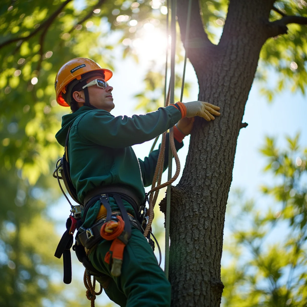 Climbing arborist performing precision rope rigging in Mills River, NC