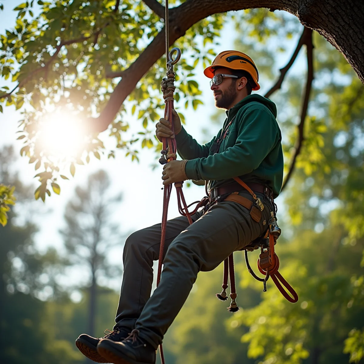 Climbing arborist performing precision rope rigging in Nebo, NC