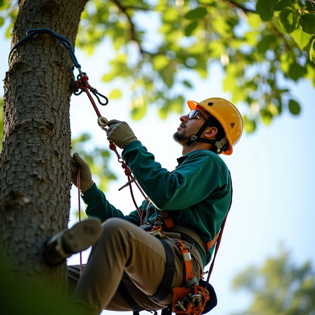 Climbing arborist performing precision rope rigging in Troutman, NC