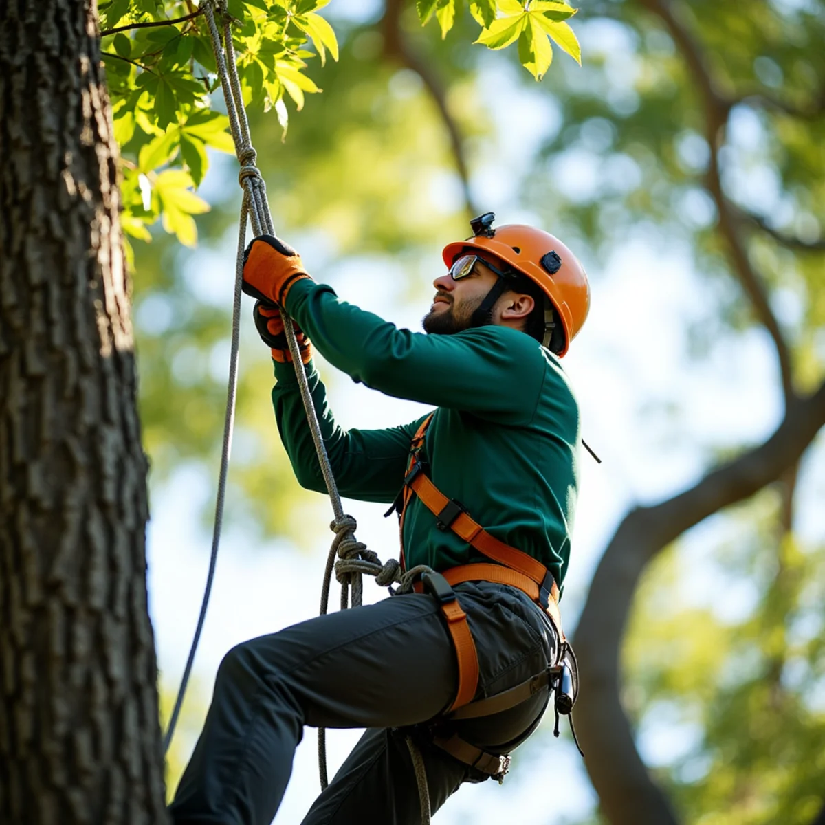 Climbing arborist performing precision rope rigging in Weaverville, NC